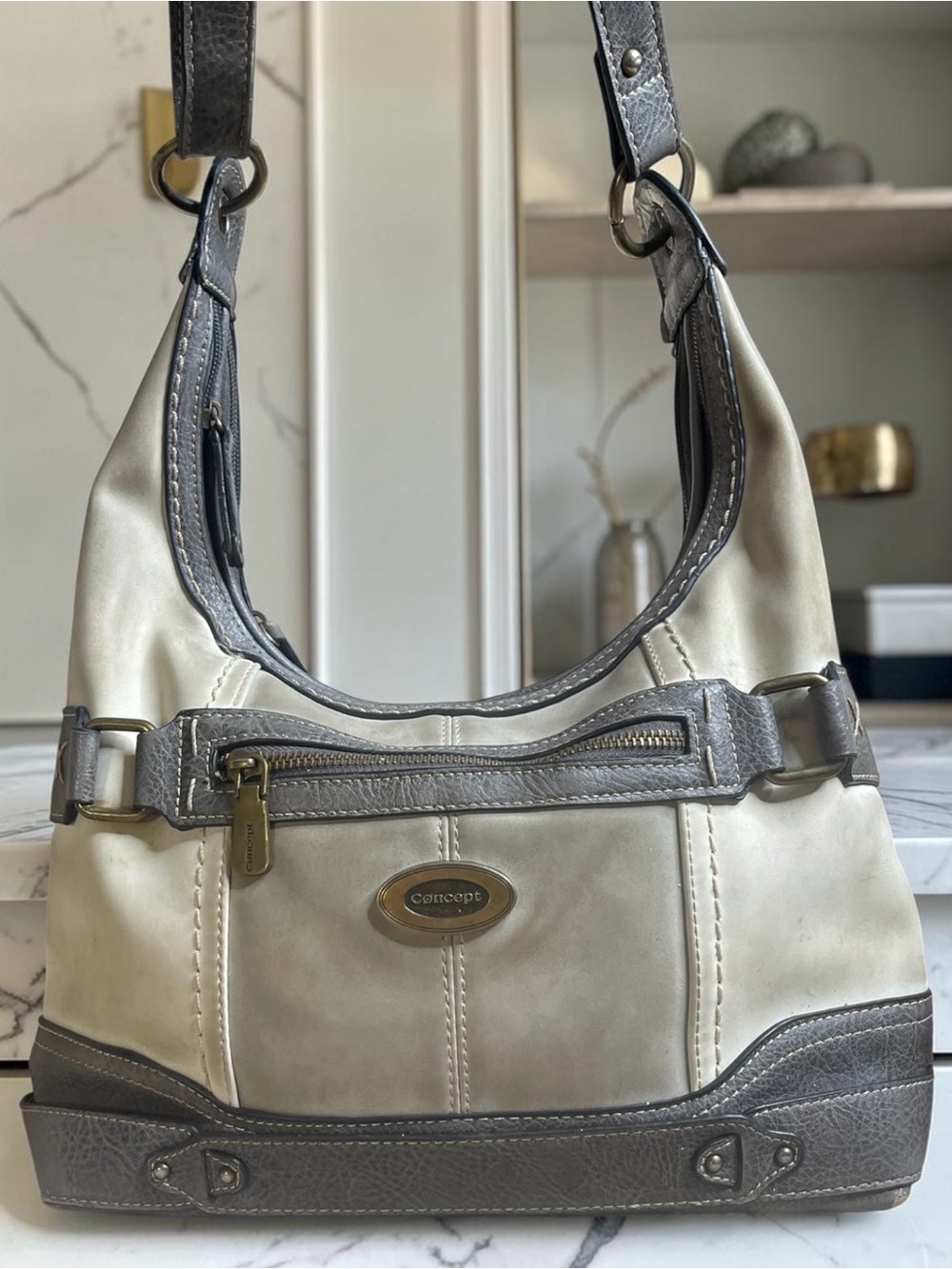 BOC Born Concept Gray Cream Faux Leather Hobo Shoulder Bag Purse
